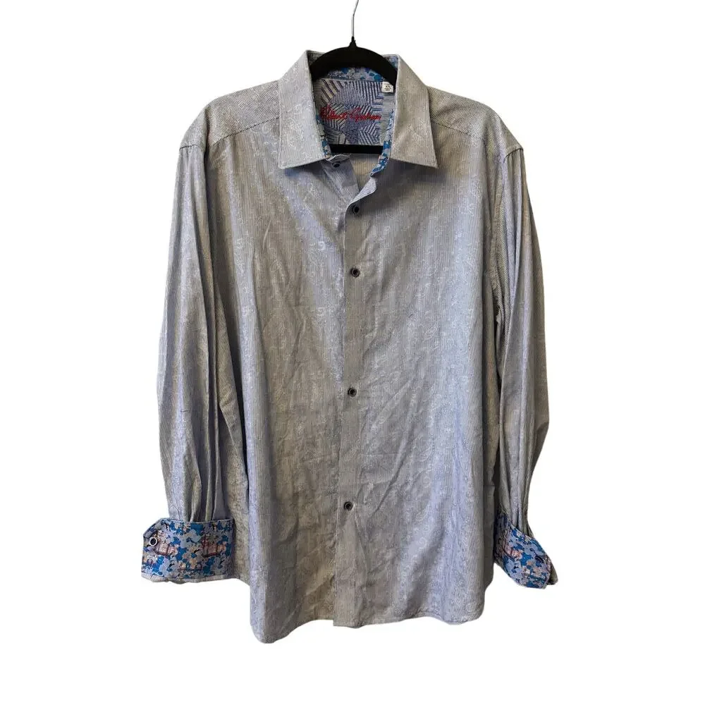 Robert Graham Shirt Men's XL 100% Cotton Contrast Cuff Paisley Micro Stripe Blue